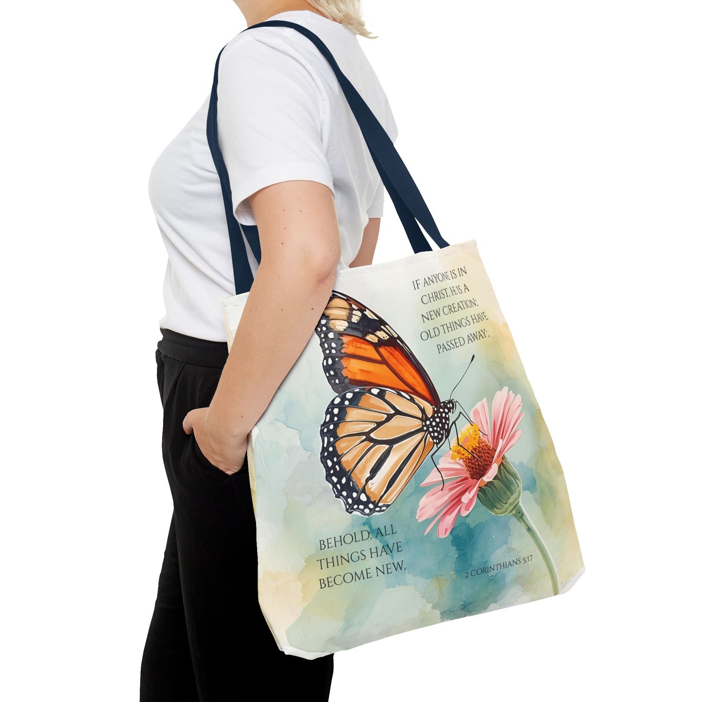 Monarch Butterfly on Pink Flower Tote Bag | Christian Scripture Quote