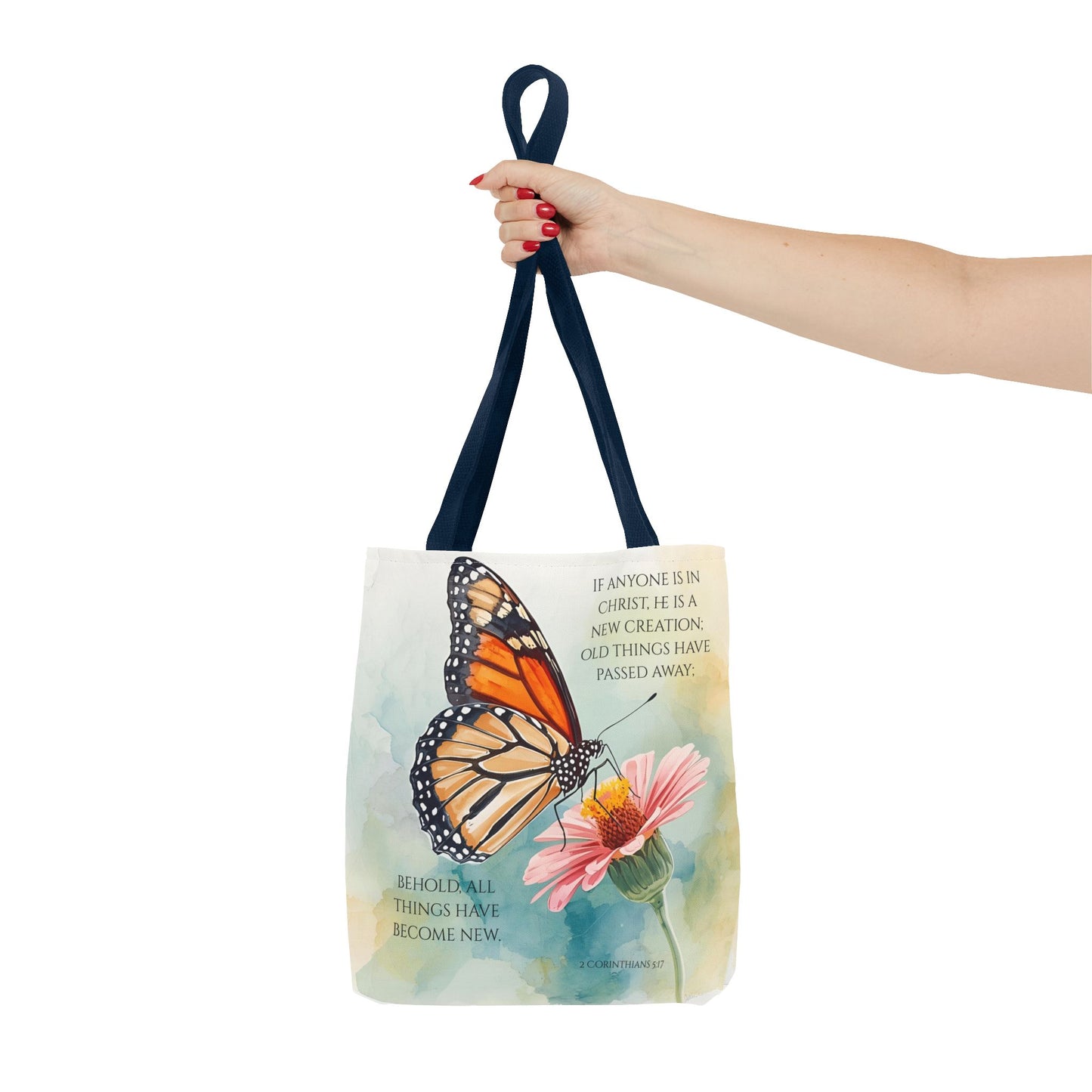 Monarch Butterfly on Pink Flower Tote Bag | Christian Scripture Quote