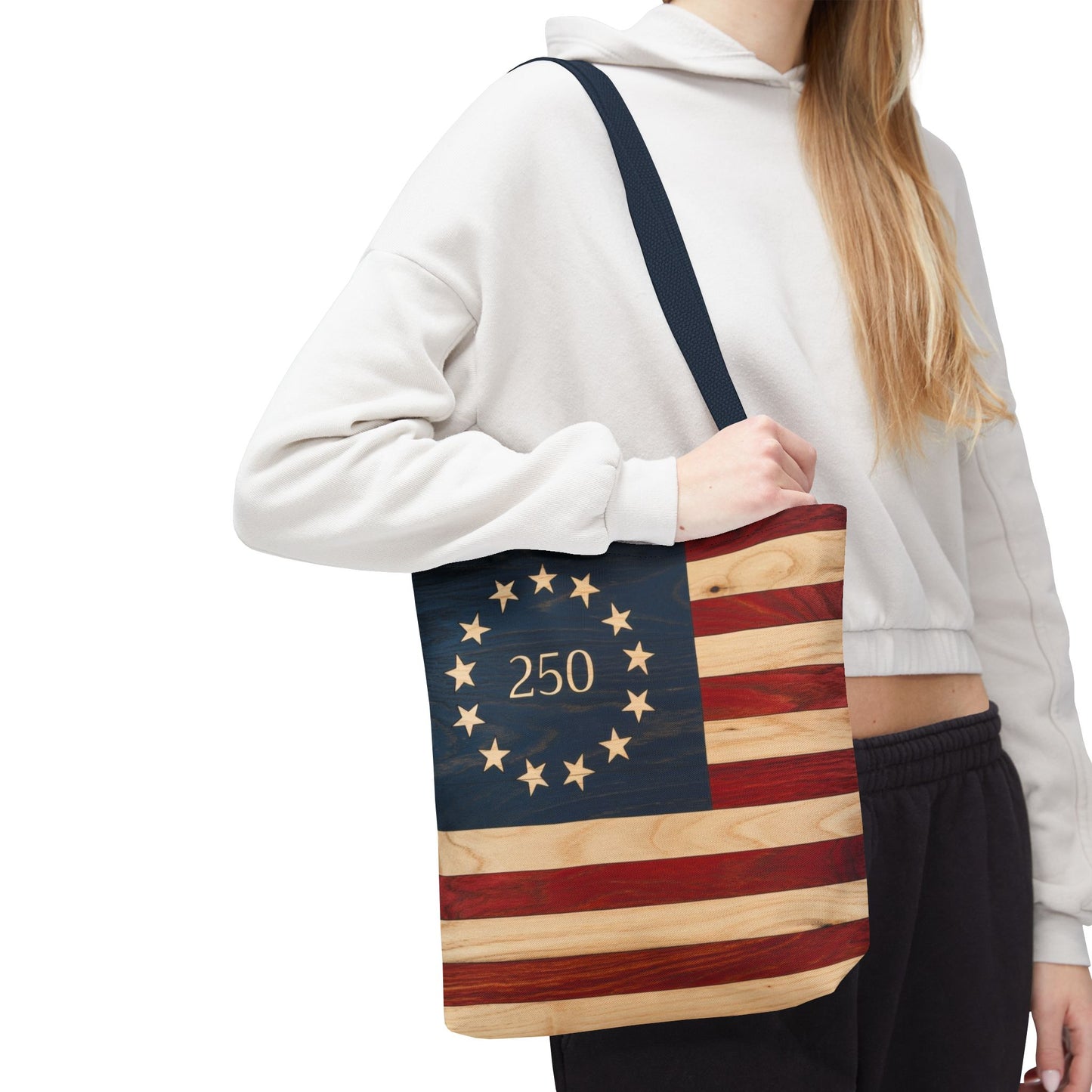 250th Anniversary Betsy Ross Tote Bag | 1776 American Flag Wooden Design | USA 250 Birthday Gift | Patriotic Tote