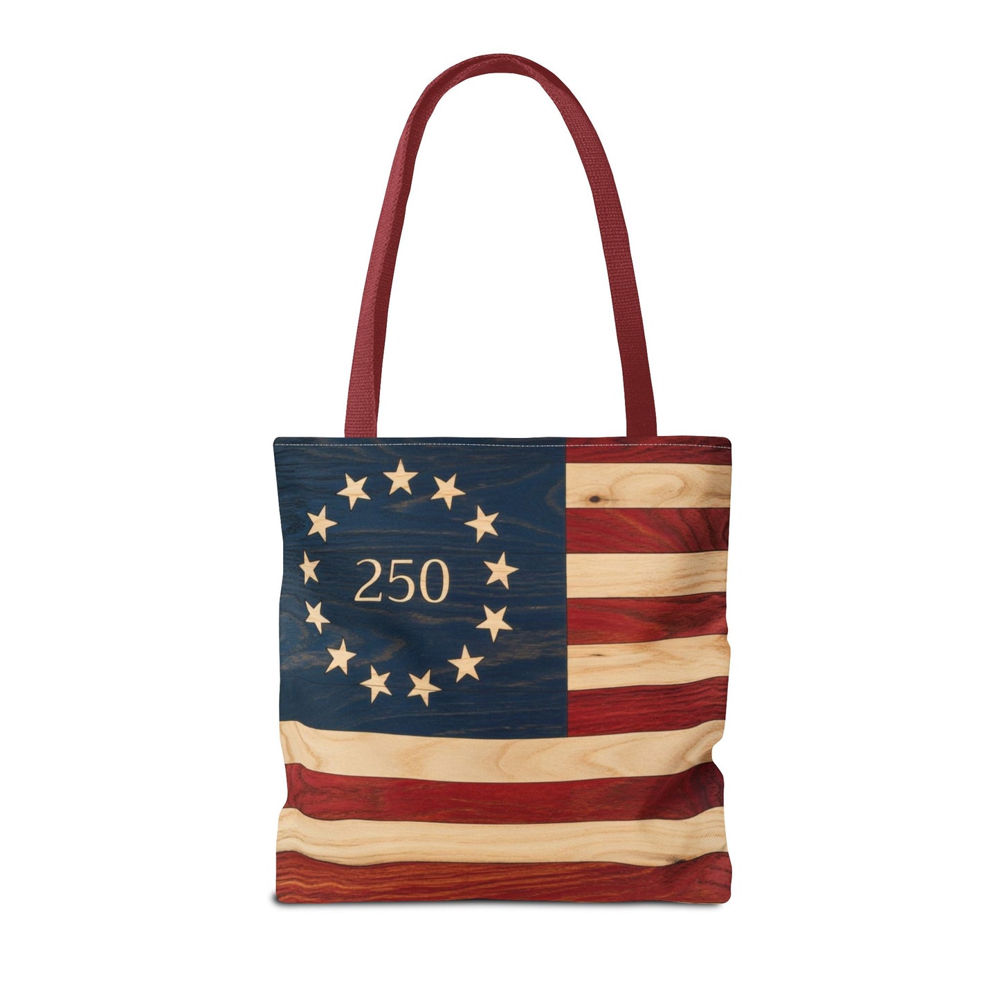 250th Anniversary Betsy Ross Tote Bag | 1776 American Flag Wooden Design | USA 250 Birthday Gift | Patriotic Tote