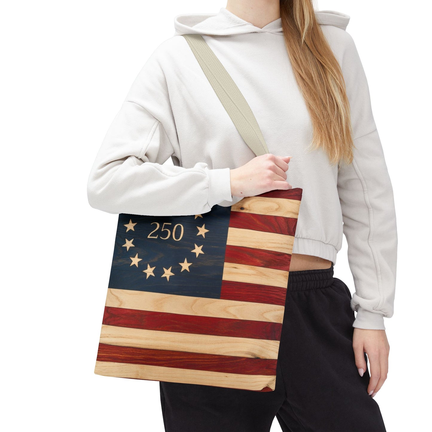 250th Anniversary Betsy Ross Tote Bag | 1776 American Flag Wooden Design | USA 250 Birthday Gift | Patriotic Tote