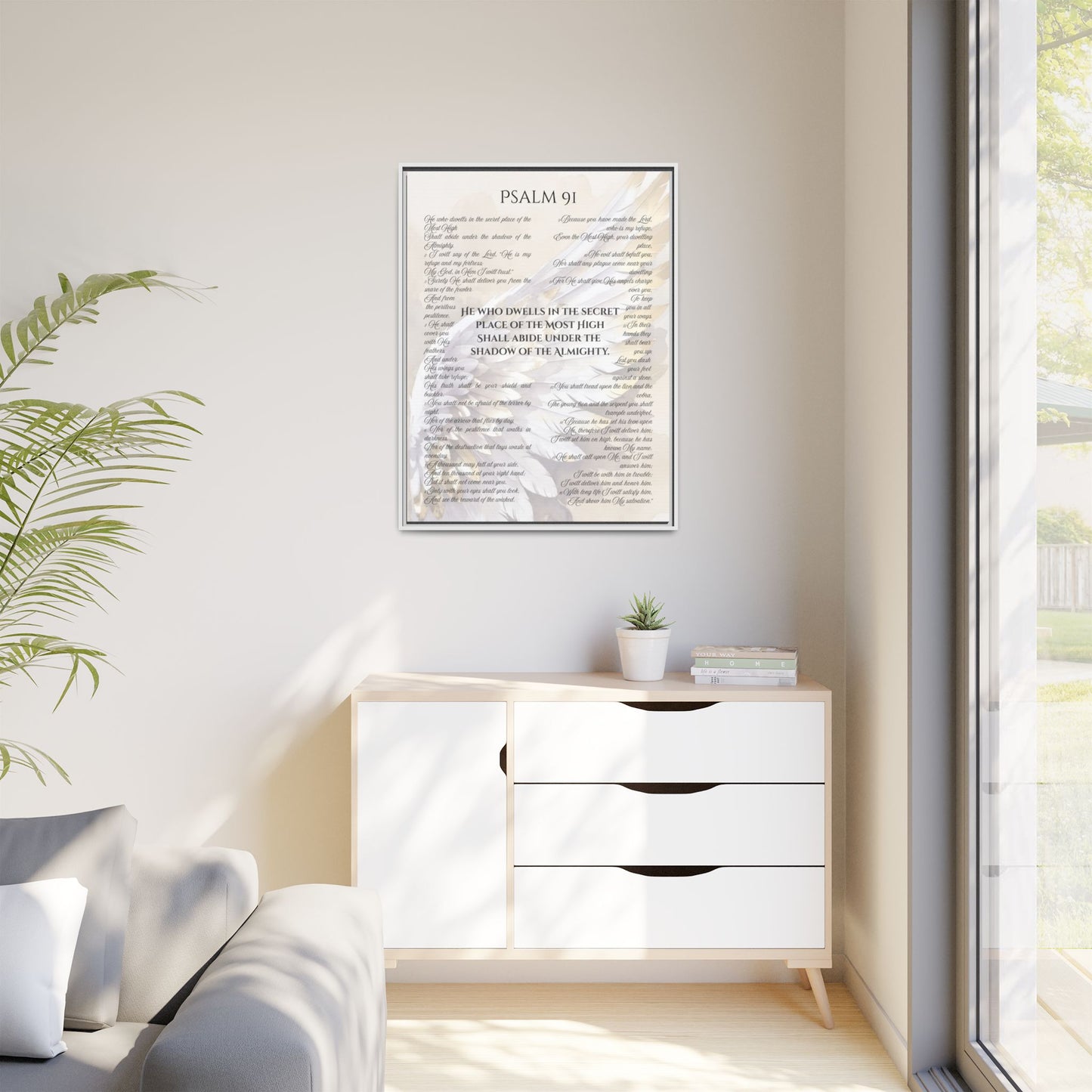 Psalm 91 Framed Canvas - 30X40 - He Who Dwells in the Secret Place Bible Verse Wall Art, Christian Protection Scripture Decor with Feathers