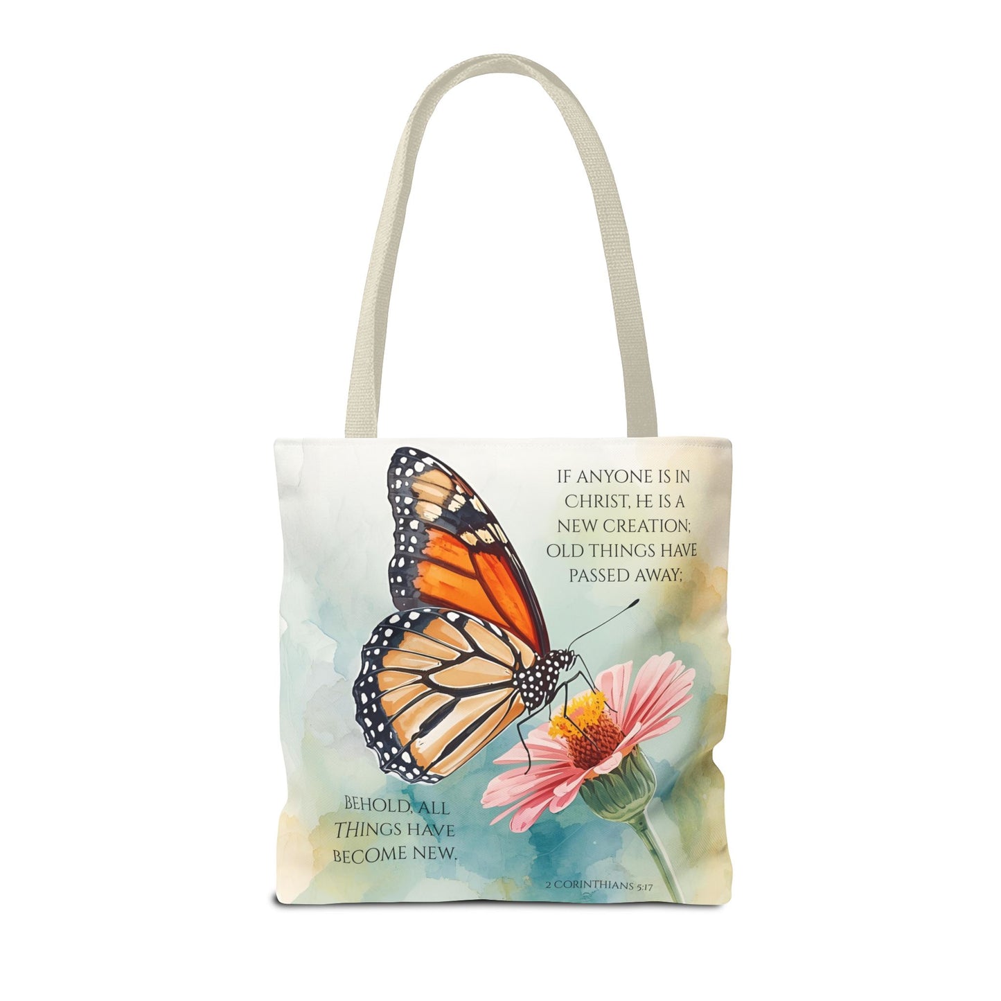 Monarch Butterfly on Pink Flower Tote Bag | Christian Scripture Quote