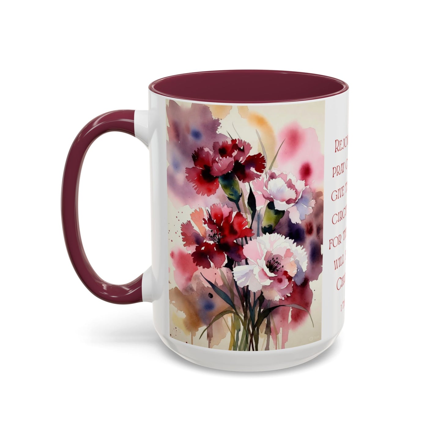 Rejoice Always Bible Verse Mug | Floral Scripture Coffee Cup | January Birth Month Flower