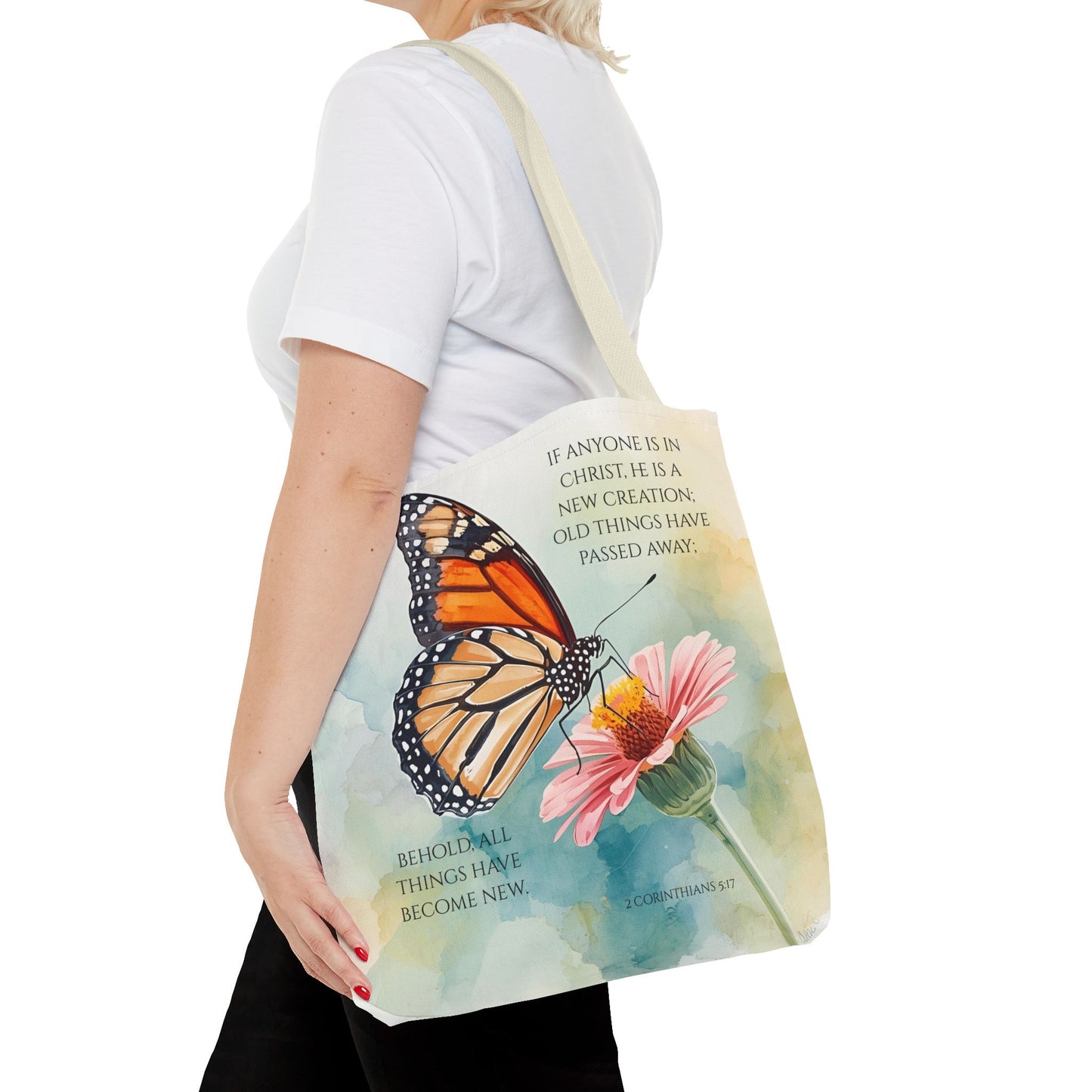Monarch Butterfly on Pink Flower Tote Bag | Christian Scripture Quote