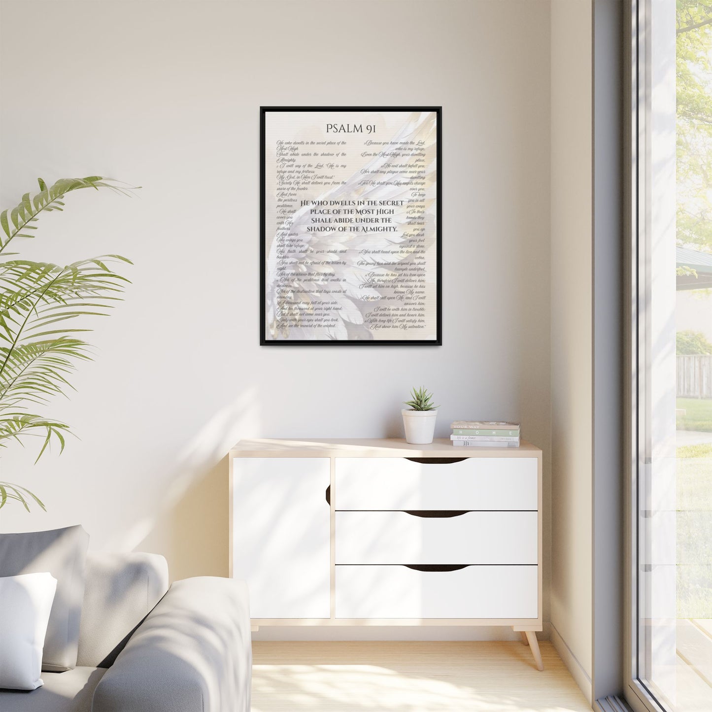 Psalm 91 Framed Canvas - 30X40 - He Who Dwells in the Secret Place Bible Verse Wall Art, Christian Protection Scripture Decor with Feathers