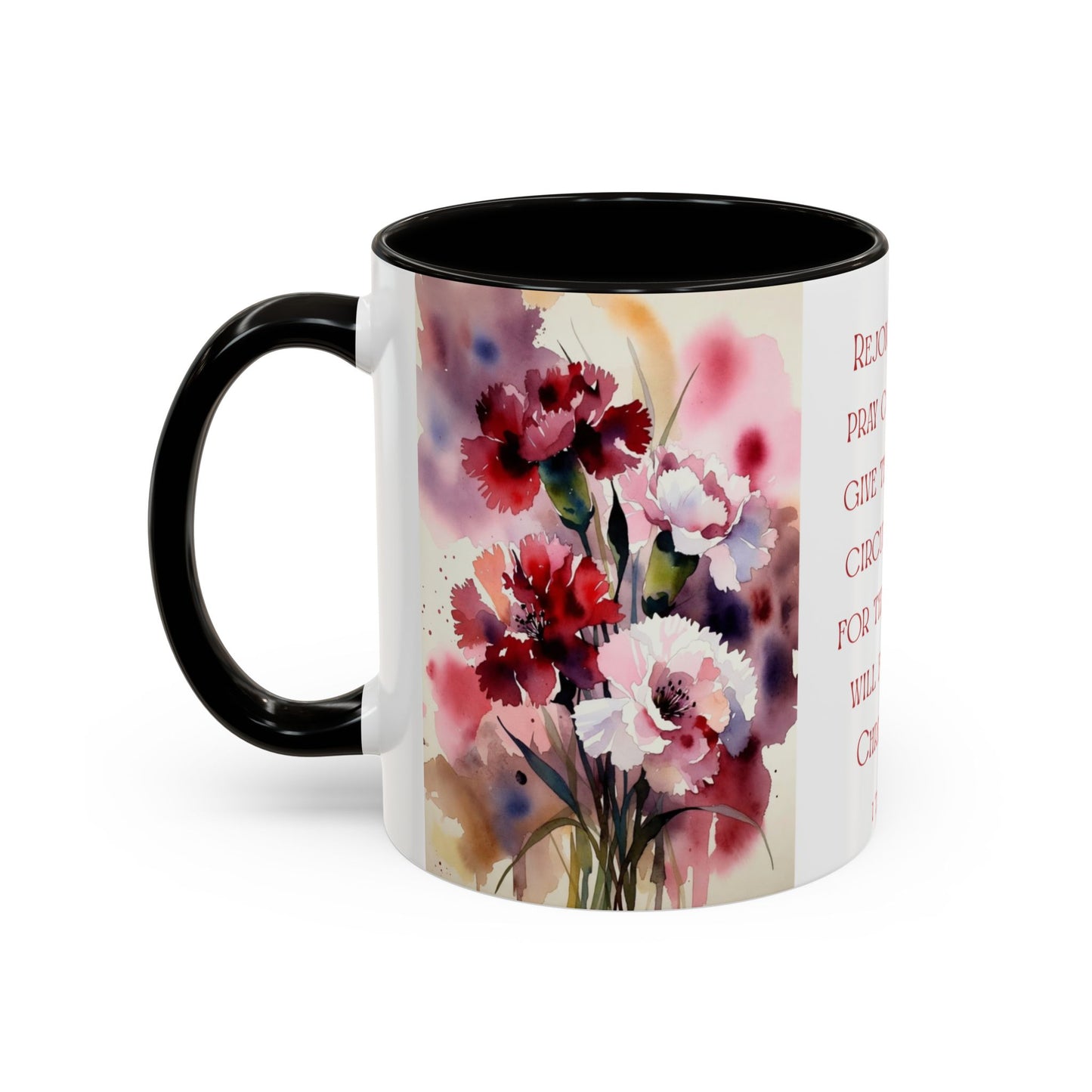 Rejoice Always Bible Verse Mug | Floral Watercolor Carnations 11oz | January Birth Month Flower