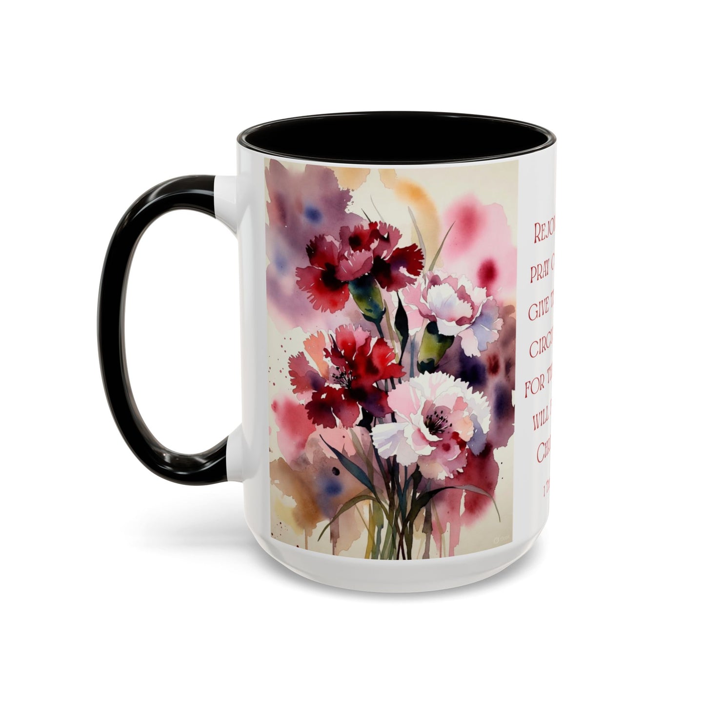 Rejoice Always Bible Verse Mug | Floral Scripture Coffee Cup | January Birth Month Flower