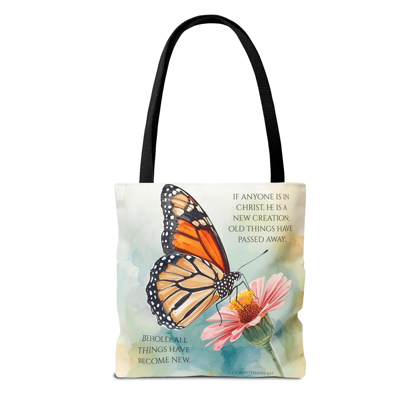 Monarch Butterfly on Pink Flower Tote Bag | Christian Scripture Quote