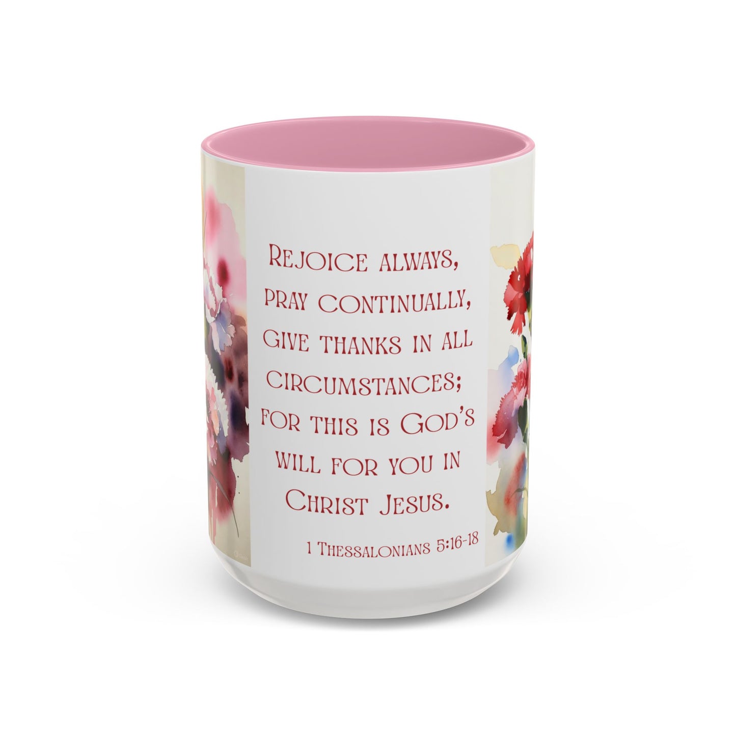 Rejoice Always Bible Verse Mug | Floral Scripture Coffee Cup | January Birth Month Flower