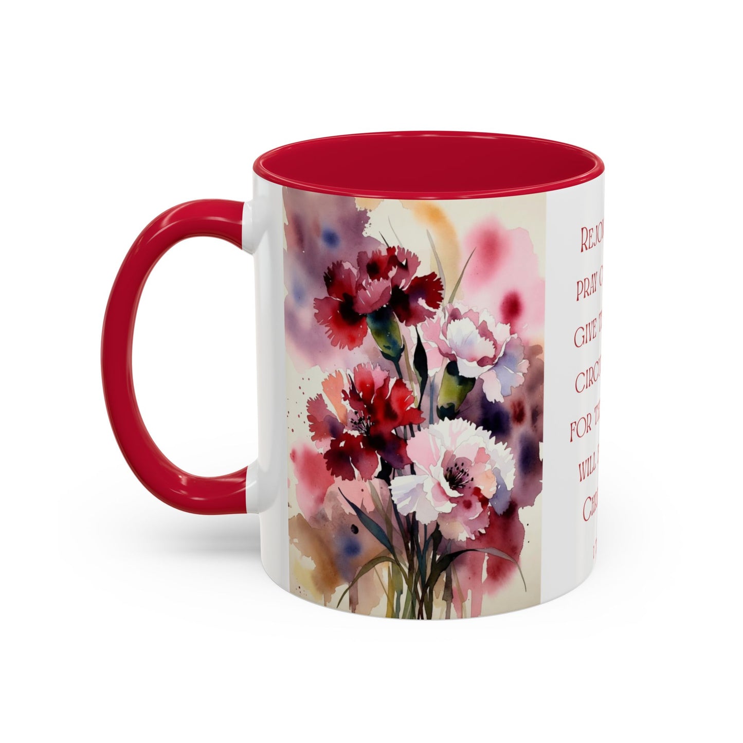 Rejoice Always Bible Verse Mug | Floral Watercolor Carnations 11oz | January Birth Month Flower