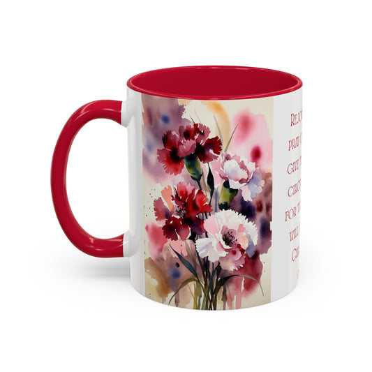 Rejoice Always Bible Verse Mug | Floral Watercolor Carnations 11oz | January Birth Month Flower