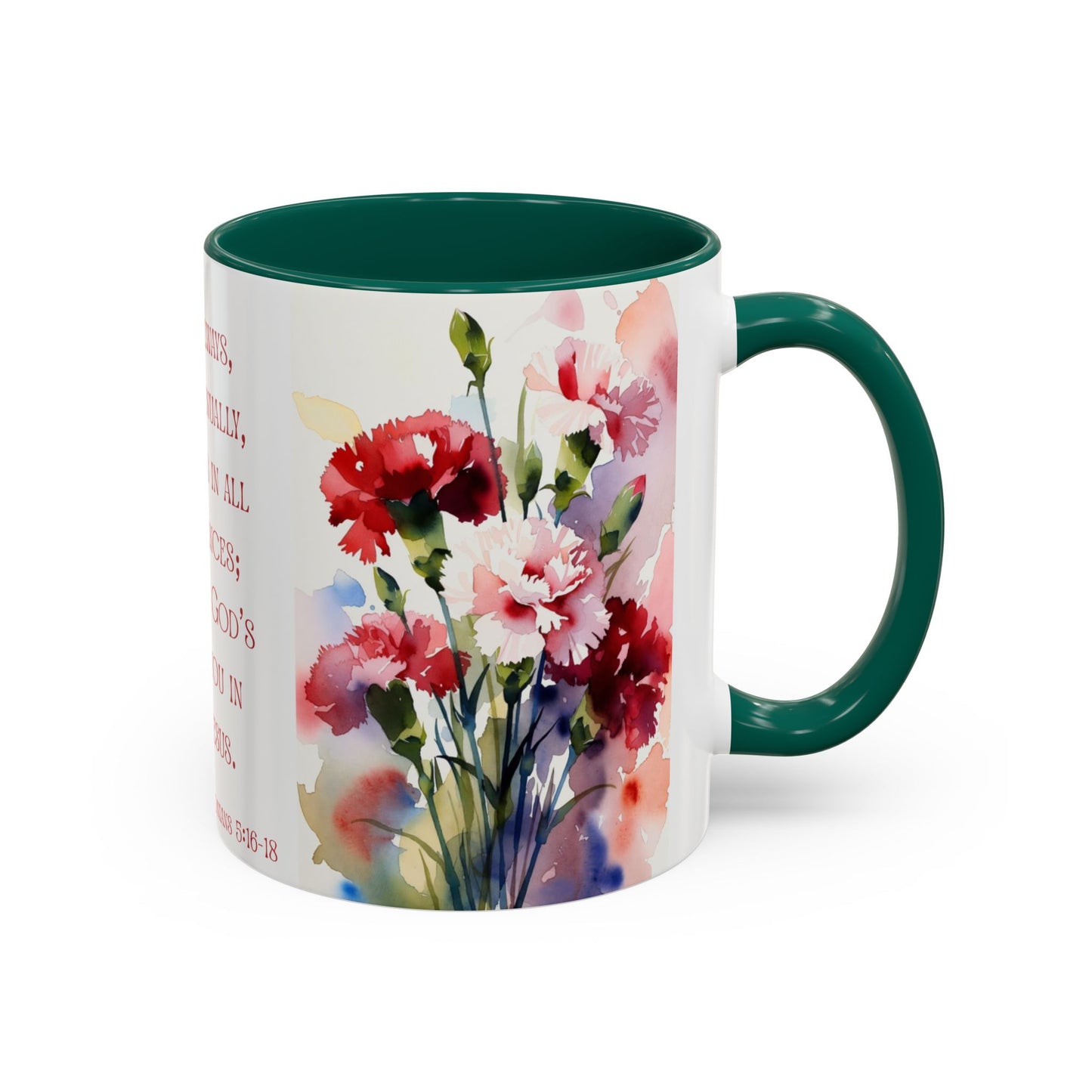 Rejoice Always Bible Verse Mug | Floral Watercolor Carnations 11oz | January Birth Month Flower