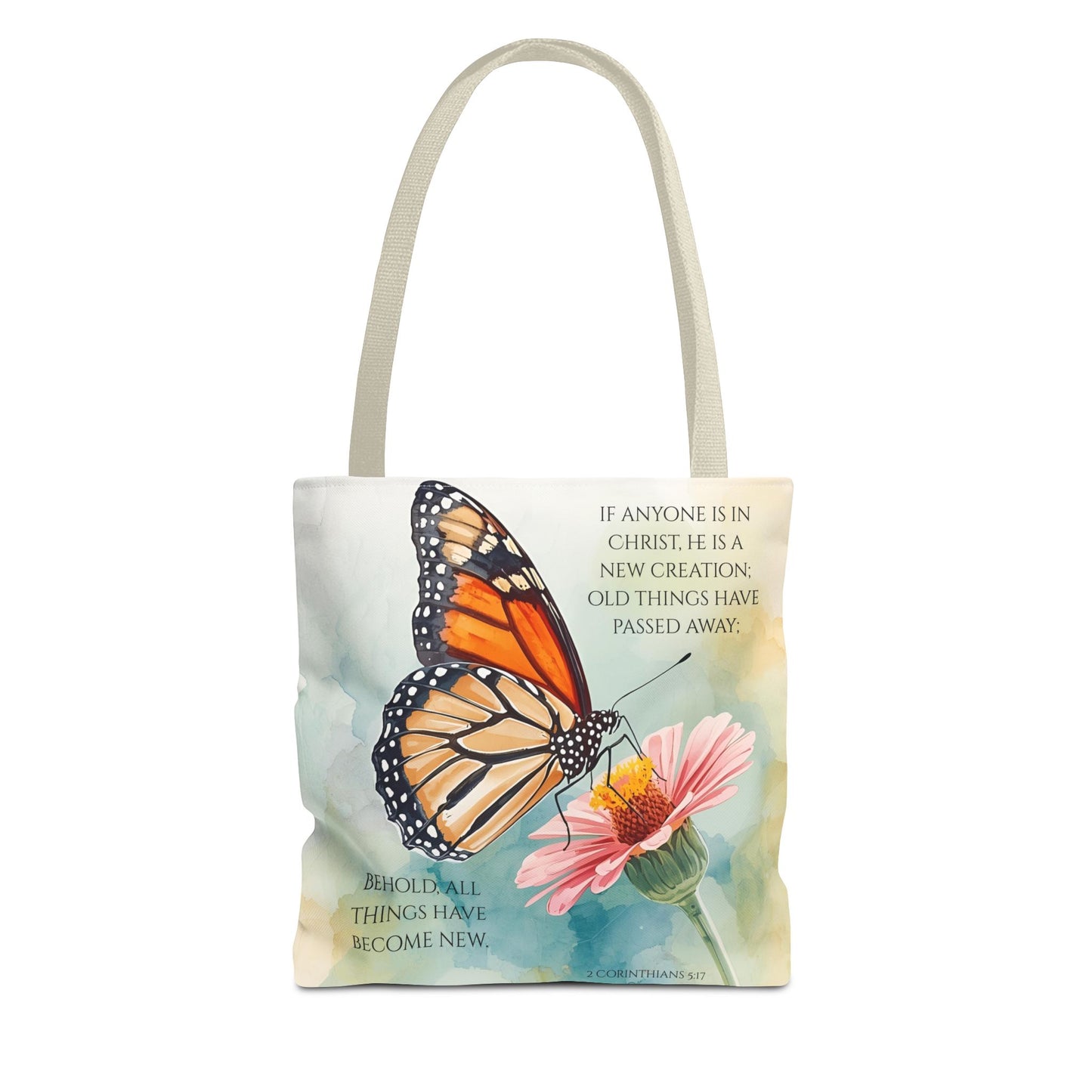 Monarch Butterfly on Pink Flower Tote Bag | Christian Scripture Quote