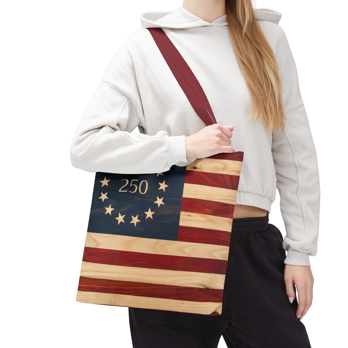250th Anniversary Betsy Ross Tote Bag | 1776 American Flag Wooden Design | USA 250 Birthday Gift | Patriotic Tote