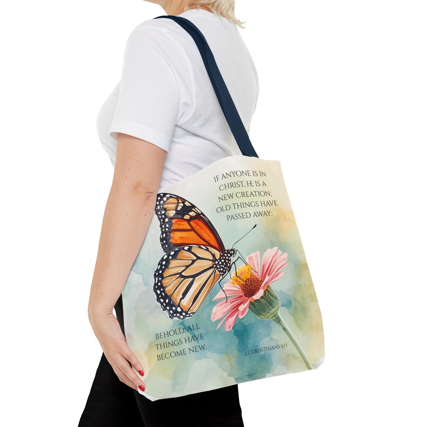 Monarch Butterfly on Pink Flower Tote Bag | Christian Scripture Quote