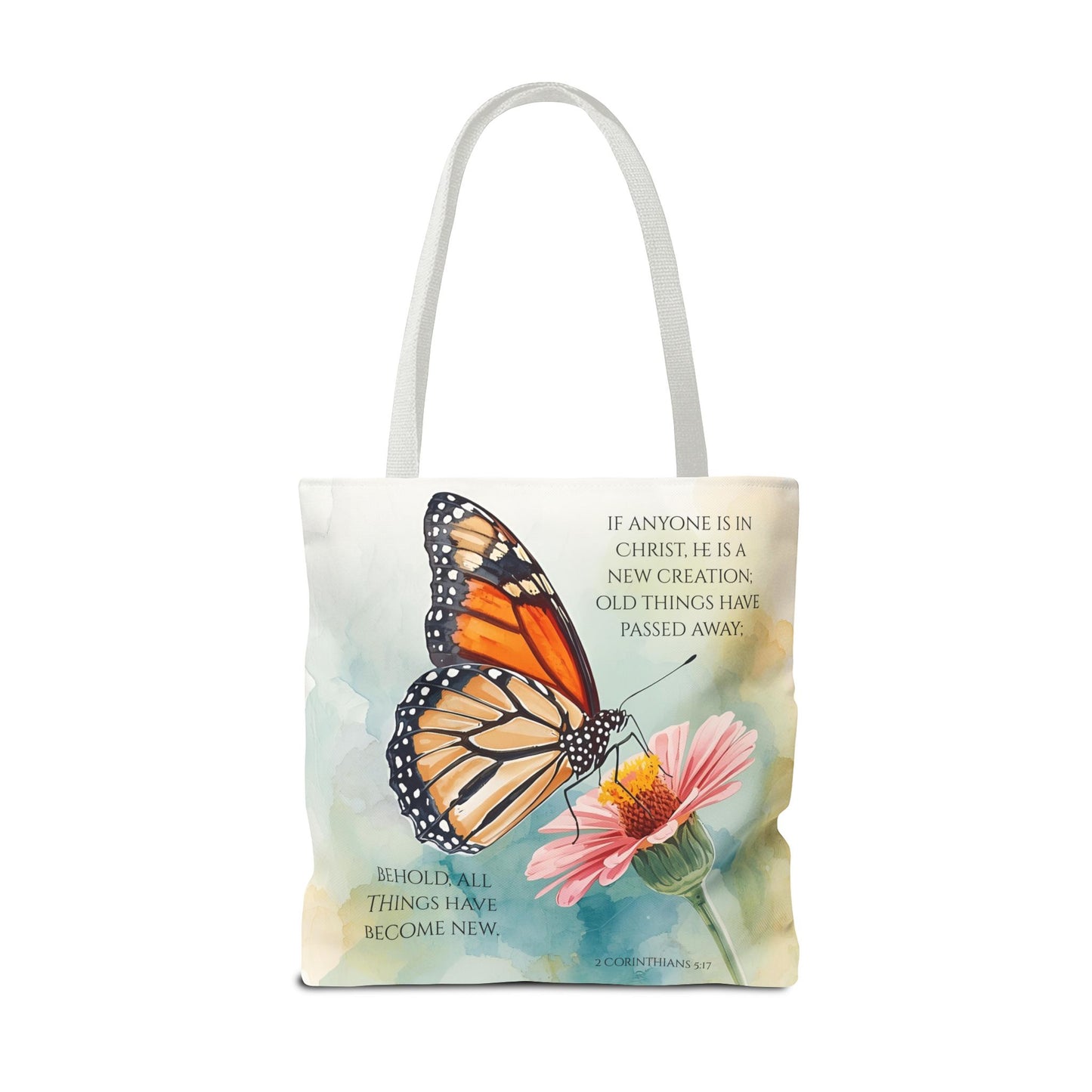 Monarch Butterfly on Pink Flower Tote Bag | Christian Scripture Quote