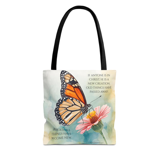 Monarch Butterfly on Pink Flower Tote Bag | Christian Scripture Quote