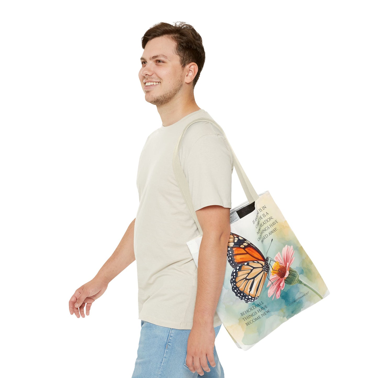 Monarch Butterfly on Pink Flower Tote Bag | Christian Scripture Quote