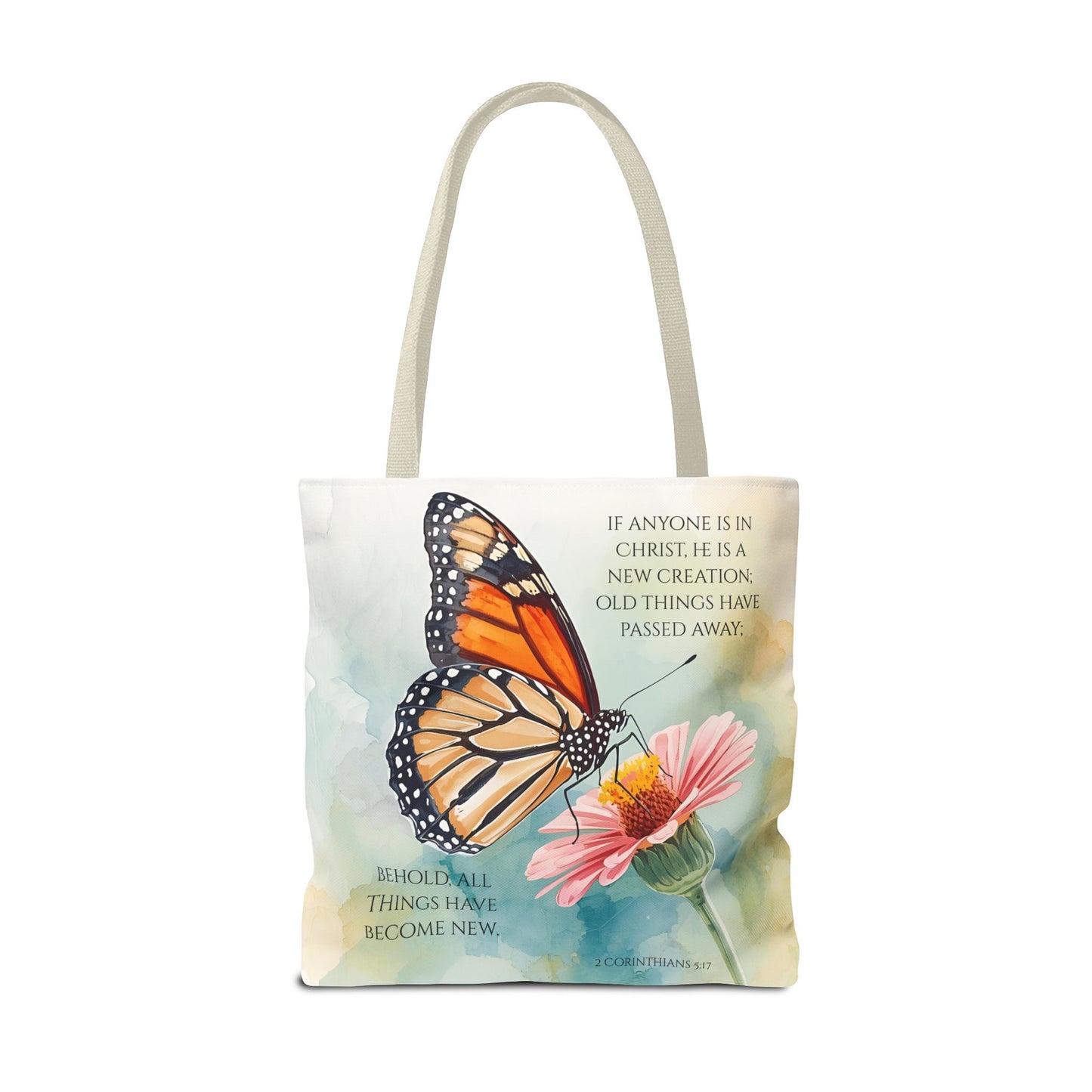 Monarch Butterfly on Pink Flower Tote Bag | Christian Scripture Quote