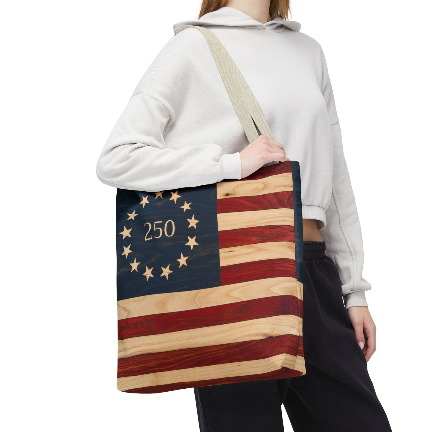 250th Anniversary Betsy Ross Tote Bag | 1776 American Flag Wooden Design | USA 250 Birthday Gift | Patriotic Tote