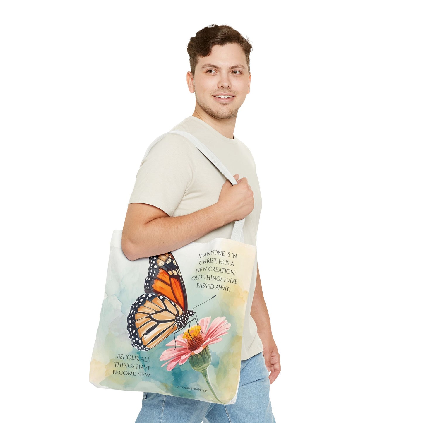 Monarch Butterfly on Pink Flower Tote Bag | Christian Scripture Quote
