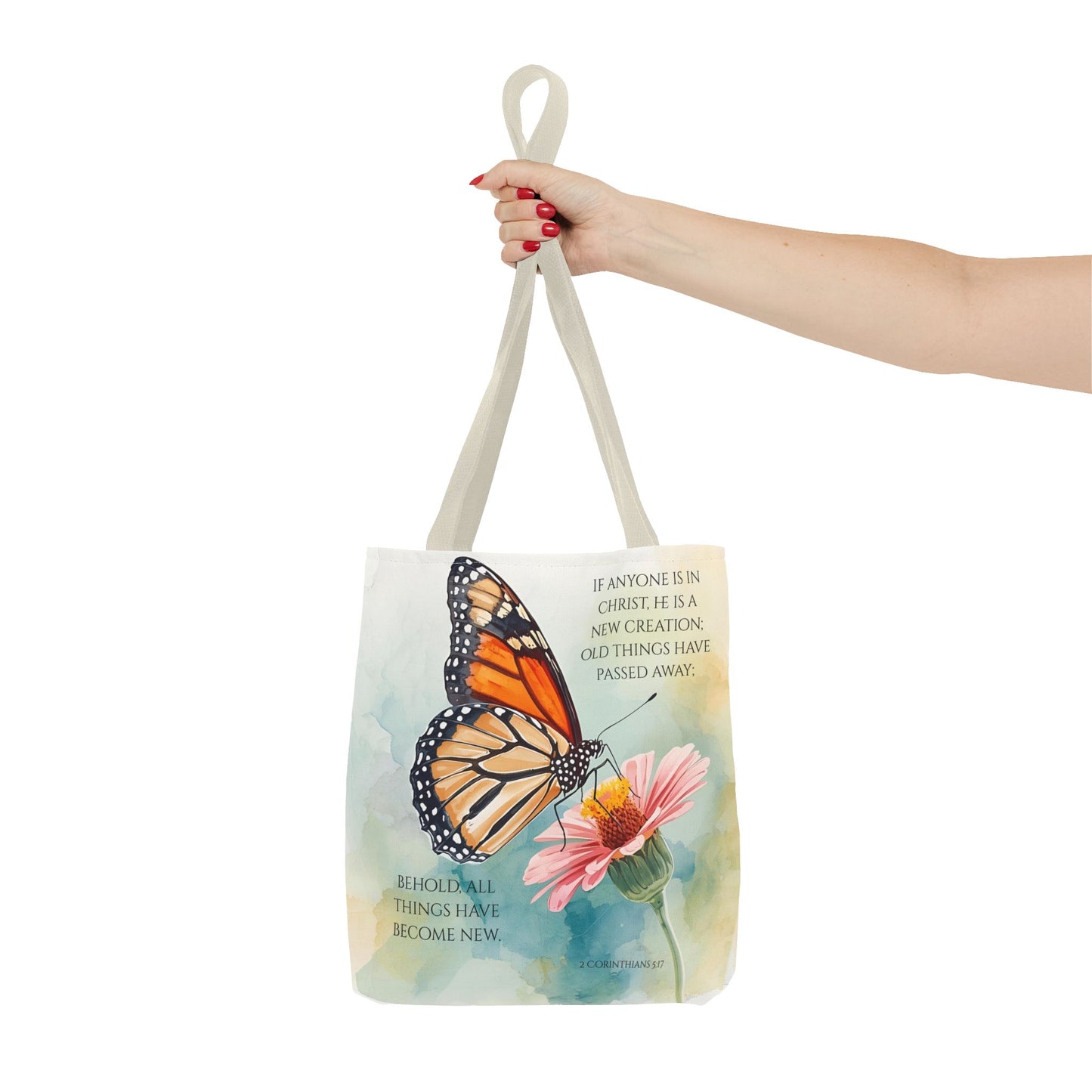 Monarch Butterfly on Pink Flower Tote Bag | Christian Scripture Quote