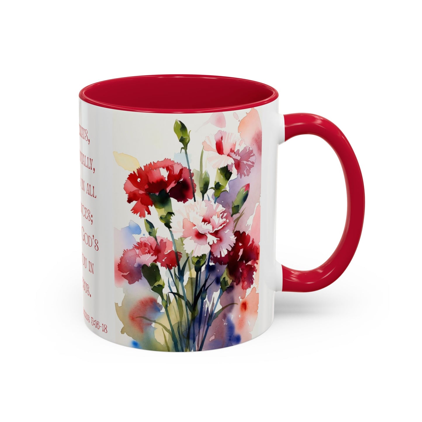 Rejoice Always Bible Verse Mug | Floral Watercolor Carnations 11oz | January Birth Month Flower