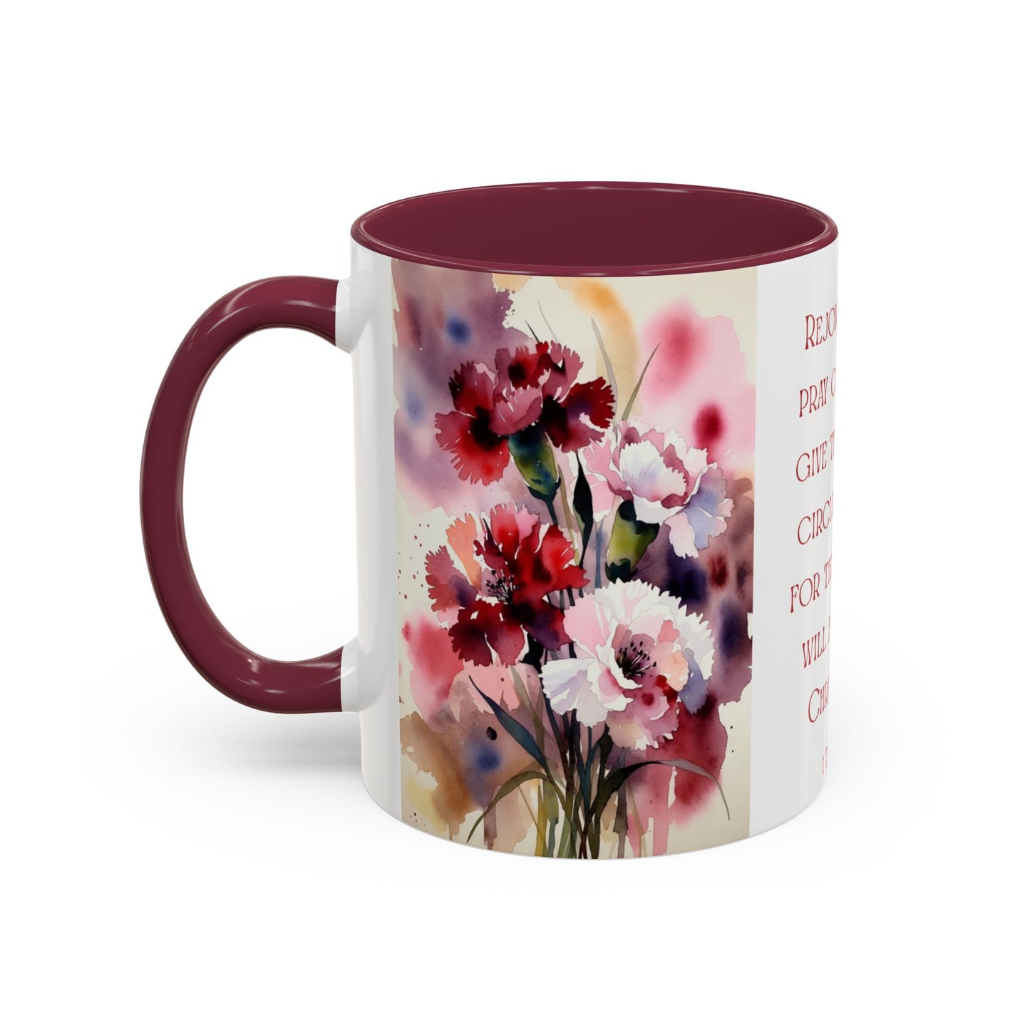 Rejoice Always Bible Verse Mug | Floral Watercolor Carnations 11oz | January Birth Month Flower