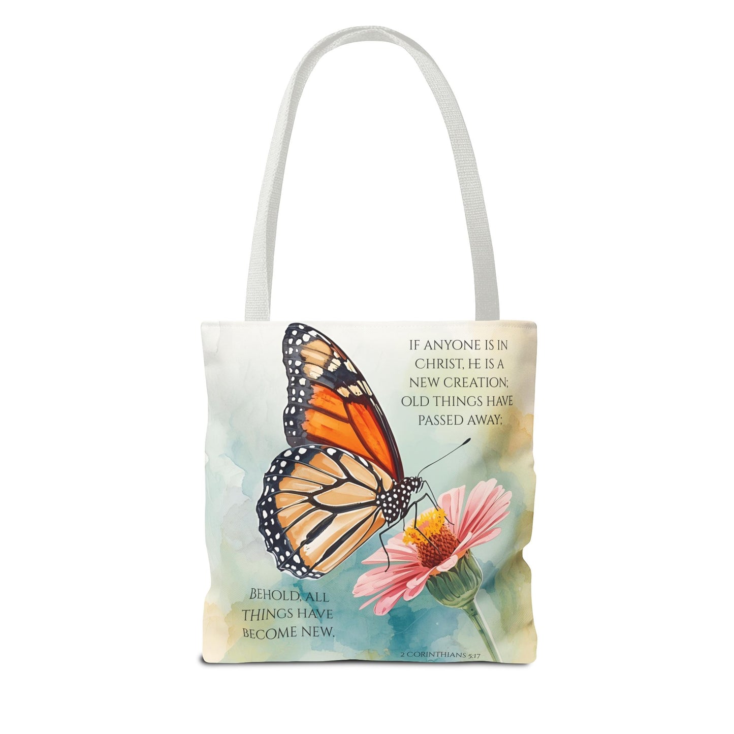 Monarch Butterfly on Pink Flower Tote Bag | Christian Scripture Quote