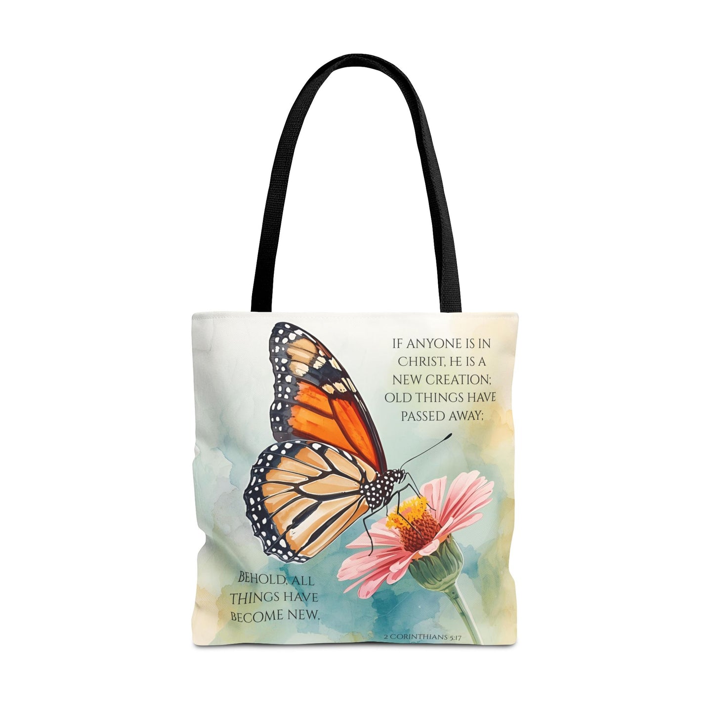 Monarch Butterfly on Pink Flower Tote Bag | Christian Scripture Quote