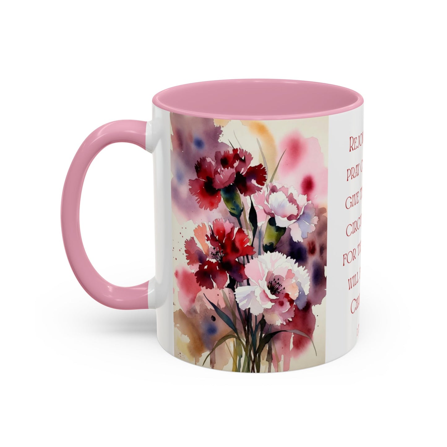 Rejoice Always Bible Verse Mug | Floral Watercolor Carnations 11oz | January Birth Month Flower