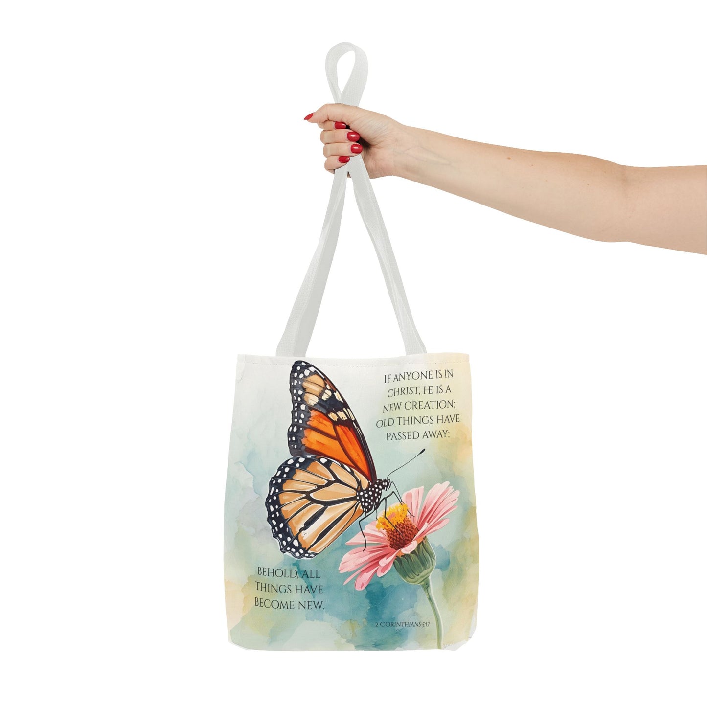 Monarch Butterfly on Pink Flower Tote Bag | Christian Scripture Quote