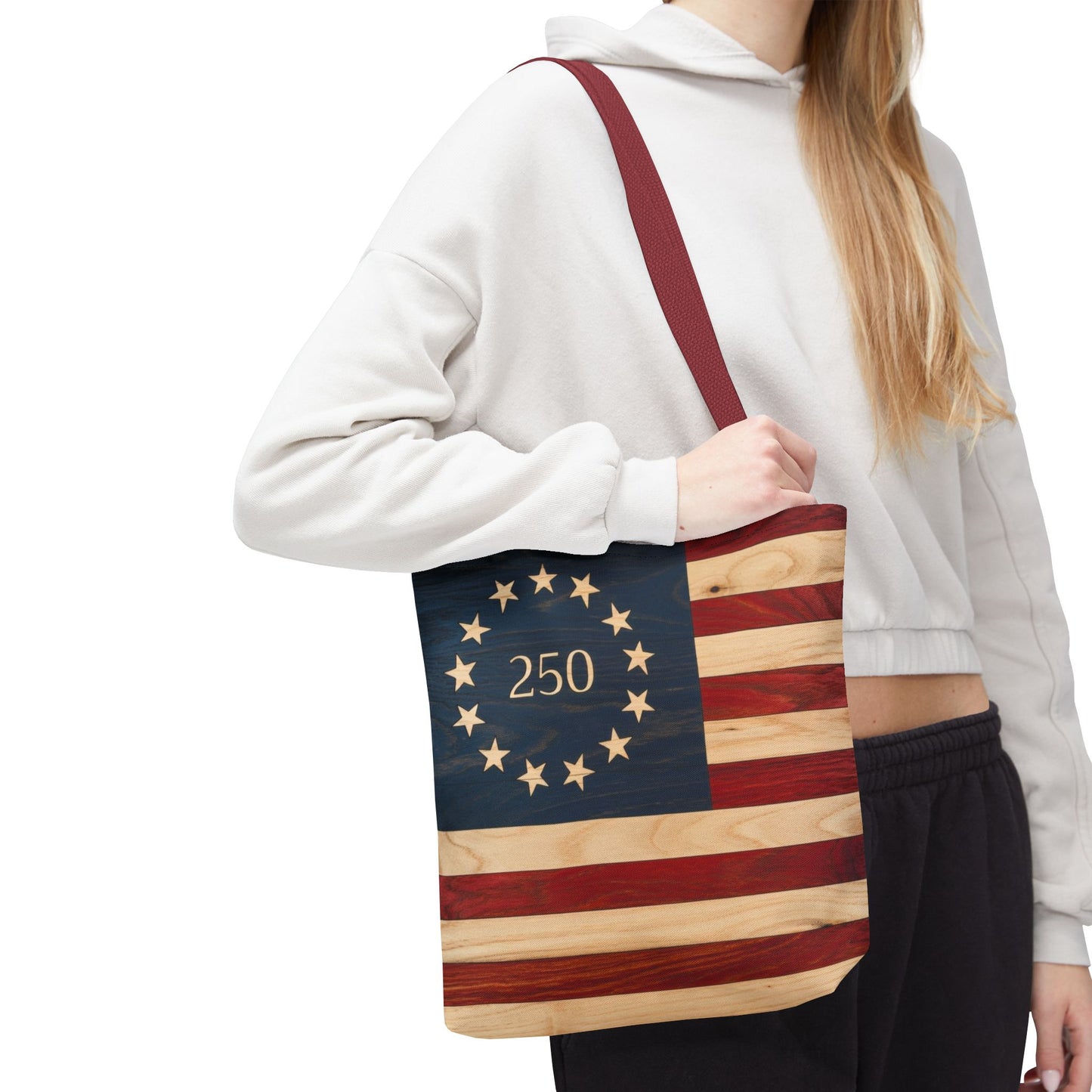 250th Anniversary Betsy Ross Tote Bag | 1776 American Flag Wooden Design | USA 250 Birthday Gift | Patriotic Tote