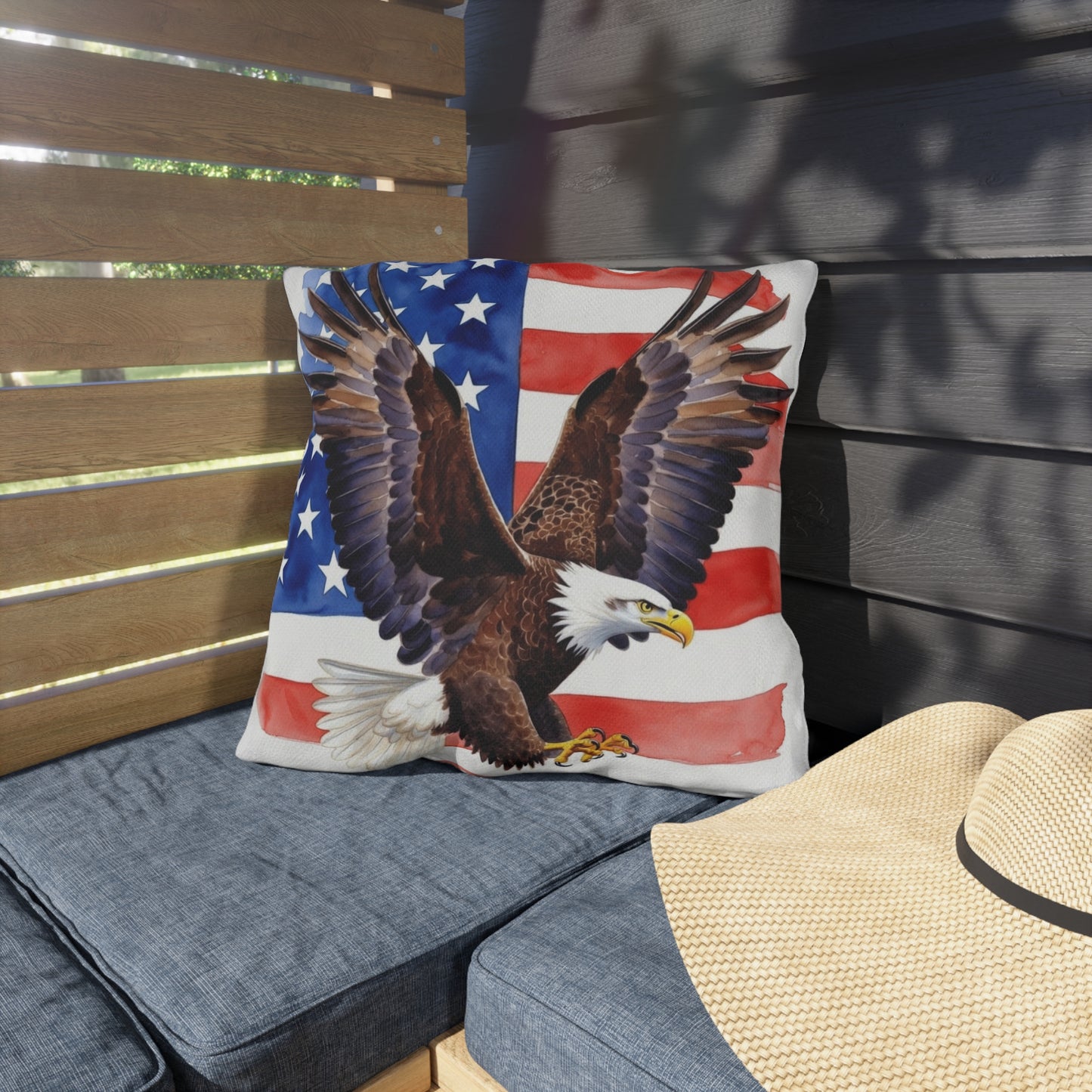 Patriotic American Bald Eagle Outdoor Pillow | USA Flag Throw | 4th of July, Memorial Day, Veterans Day Decor