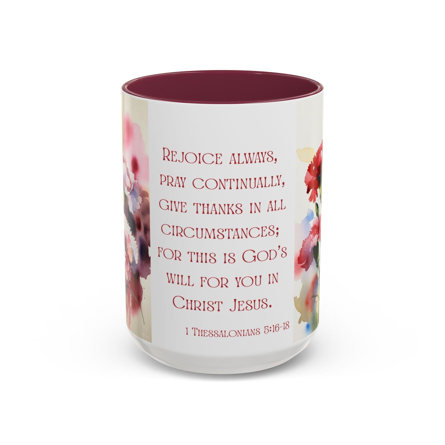 Rejoice Always Bible Verse Mug | Floral Scripture Coffee Cup | January Birth Month Flower