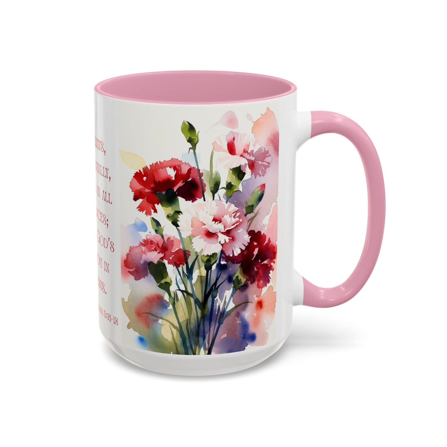 Rejoice Always Bible Verse Mug | Floral Scripture Coffee Cup | January Birth Month Flower