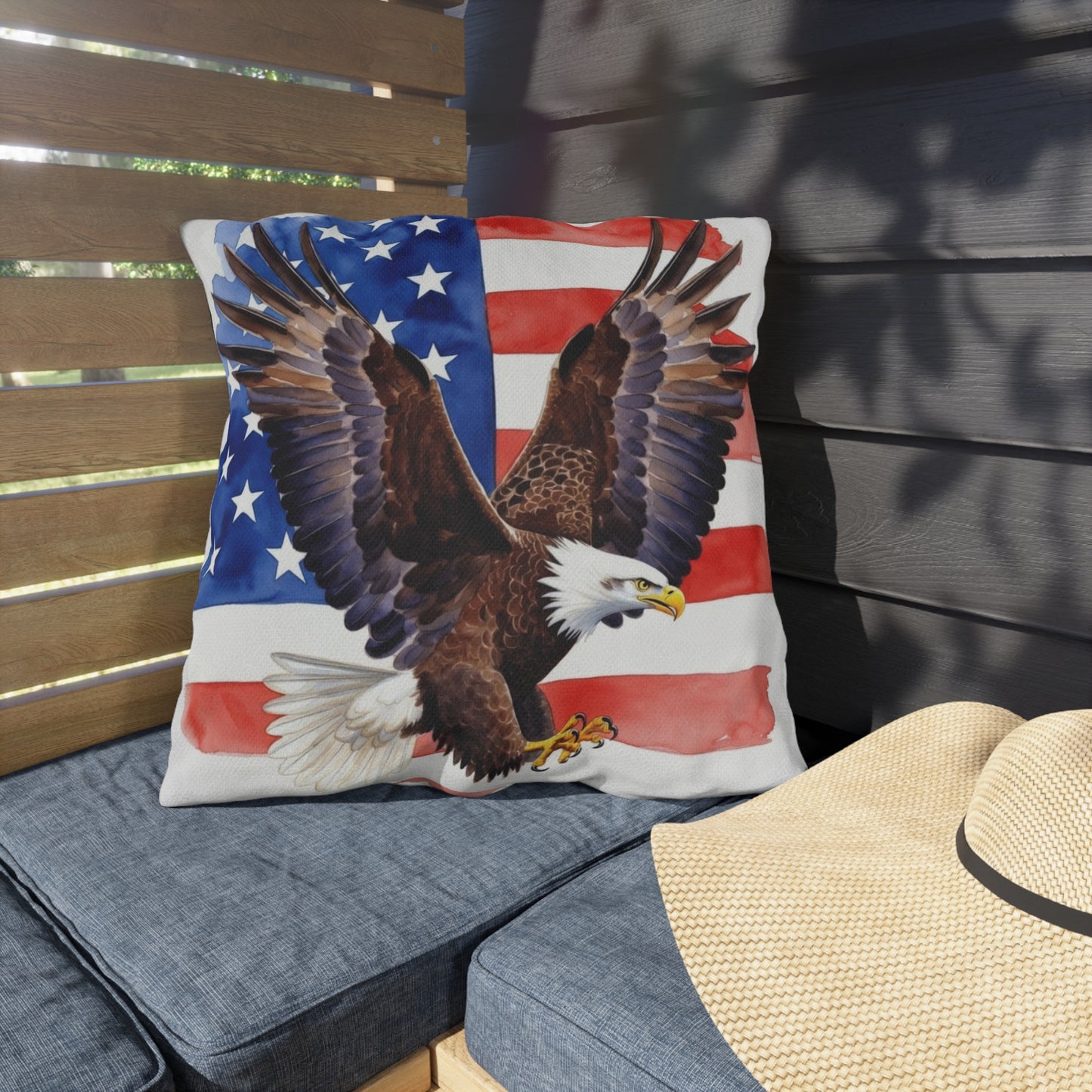 Patriotic American Bald Eagle Outdoor Pillow | USA Flag Throw | 4th of July, Memorial Day, Veterans Day Decor