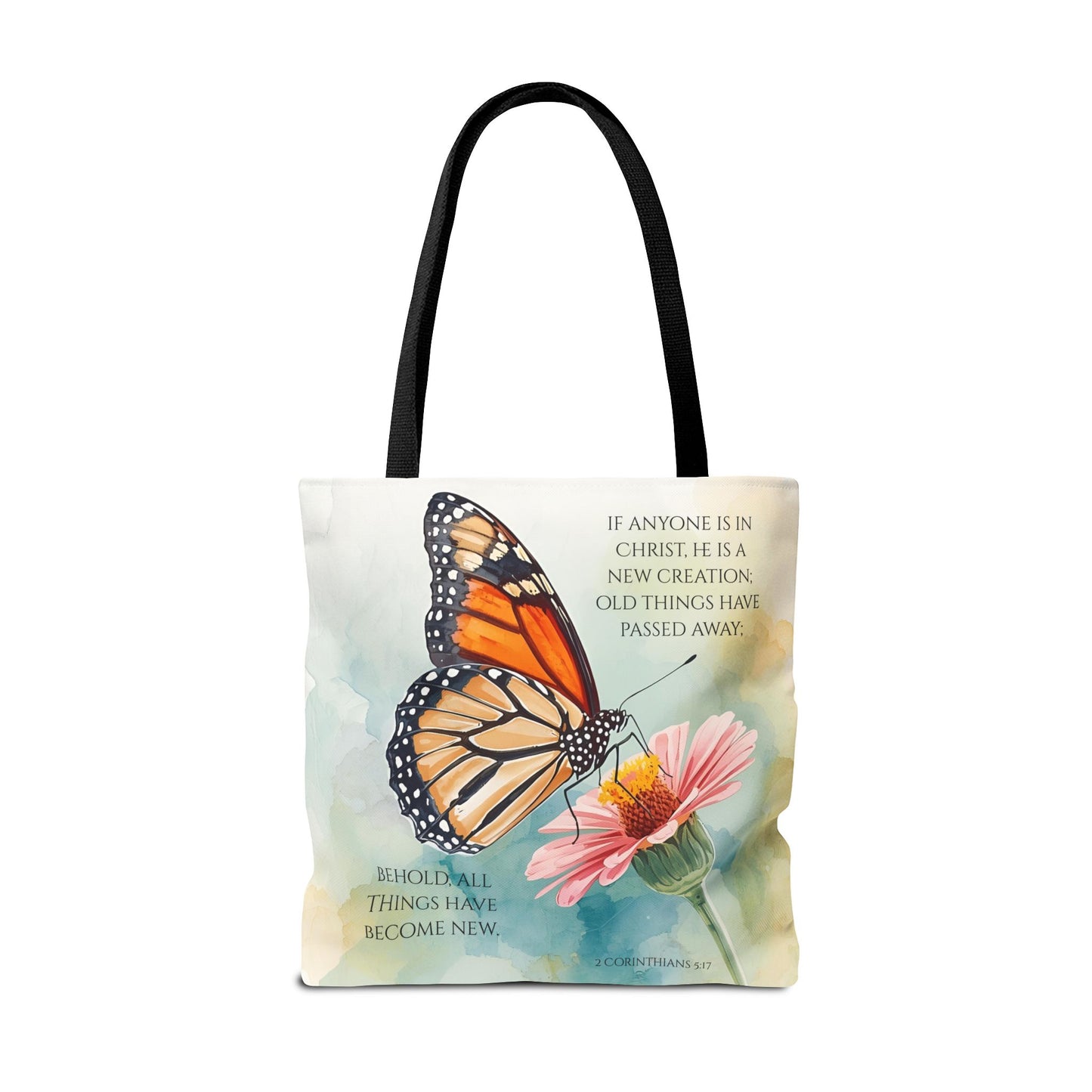Monarch Butterfly on Pink Flower Tote Bag | Christian Scripture Quote