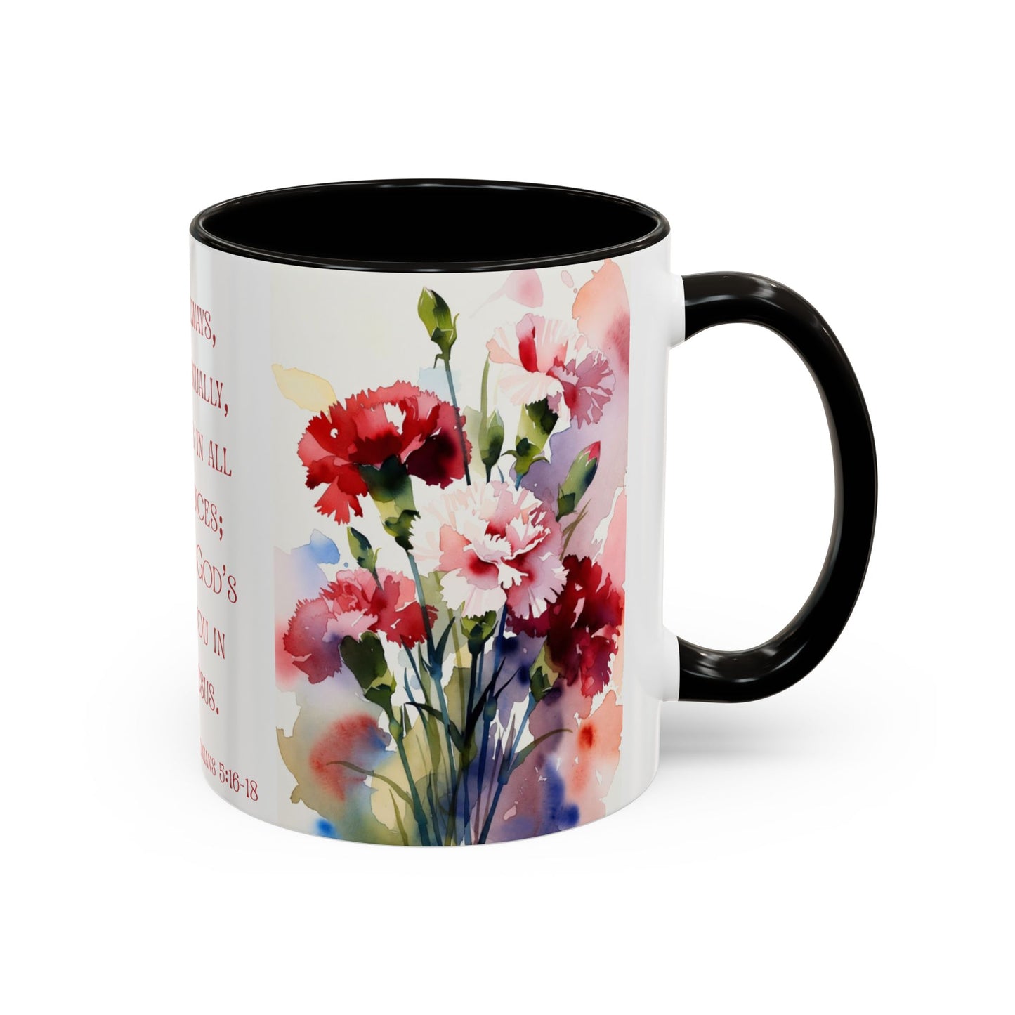 Rejoice Always Bible Verse Mug | Floral Watercolor Carnations 11oz | January Birth Month Flower