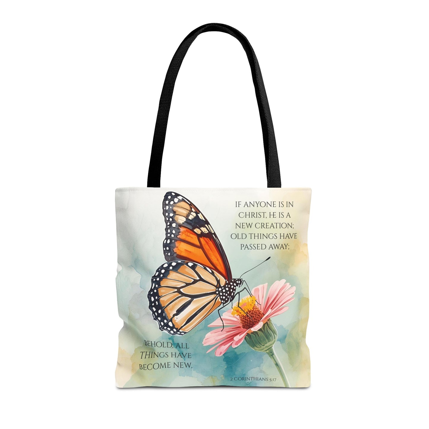 Monarch Butterfly on Pink Flower Tote Bag | Christian Scripture Quote