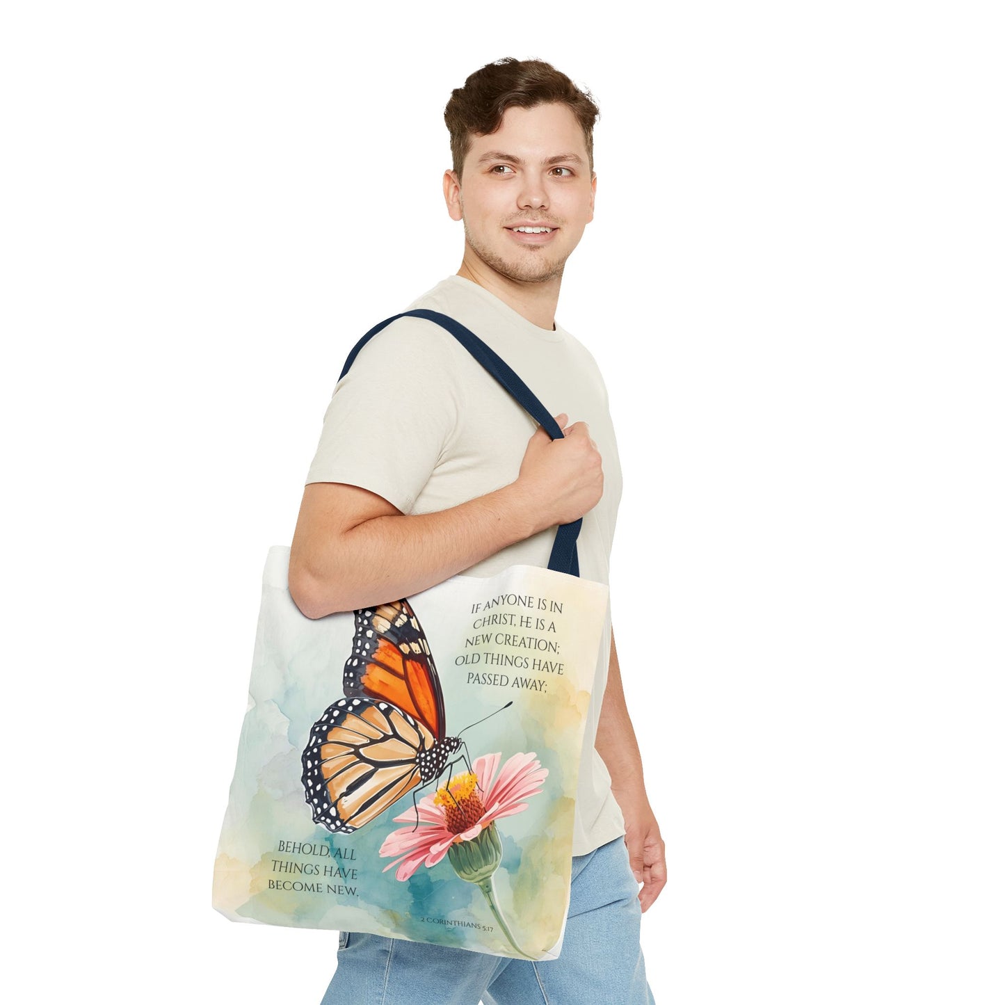 Monarch Butterfly on Pink Flower Tote Bag | Christian Scripture Quote