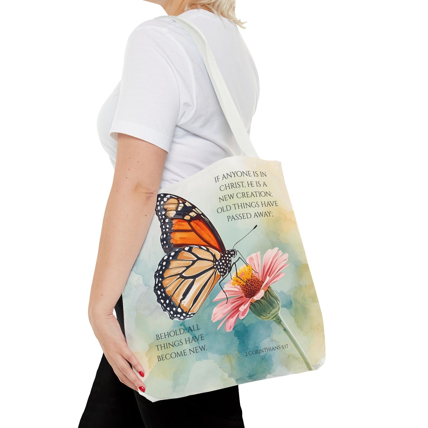 Monarch Butterfly on Pink Flower Tote Bag | Christian Scripture Quote