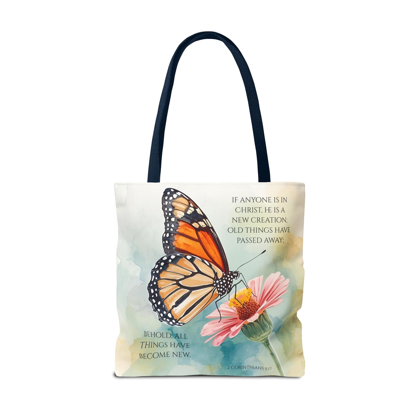 Monarch Butterfly on Pink Flower Tote Bag | Christian Scripture Quote