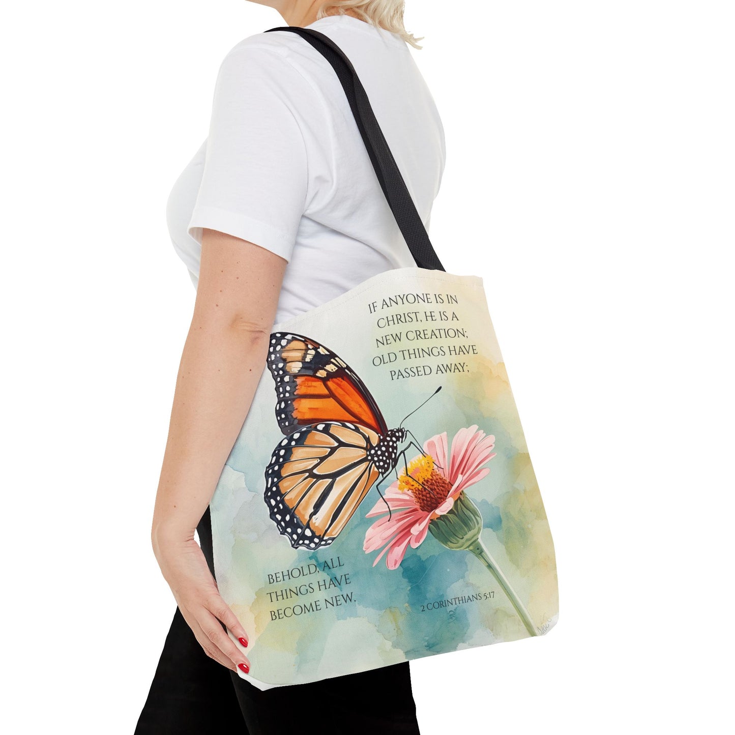 Monarch Butterfly on Pink Flower Tote Bag | Christian Scripture Quote