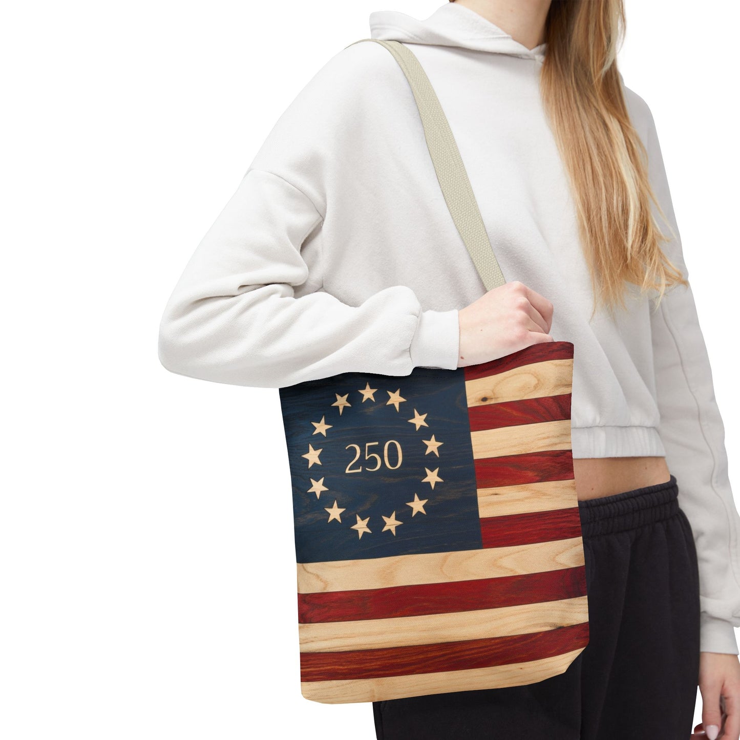 250th Anniversary Betsy Ross Tote Bag | 1776 American Flag Wooden Design | USA 250 Birthday Gift | Patriotic Tote
