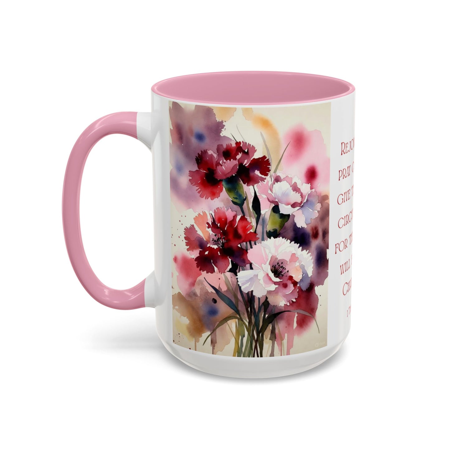 Rejoice Always Bible Verse Mug | Floral Scripture Coffee Cup | January Birth Month Flower