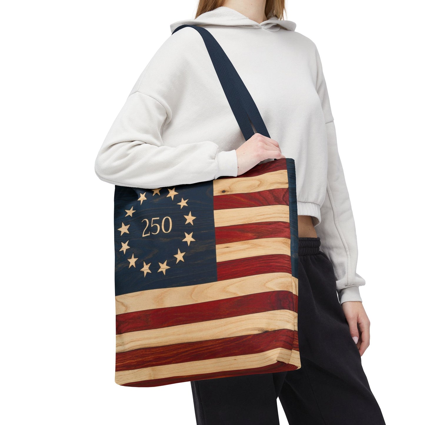 250th Anniversary Betsy Ross Tote Bag | 1776 American Flag Wooden Design | USA 250 Birthday Gift | Patriotic Tote