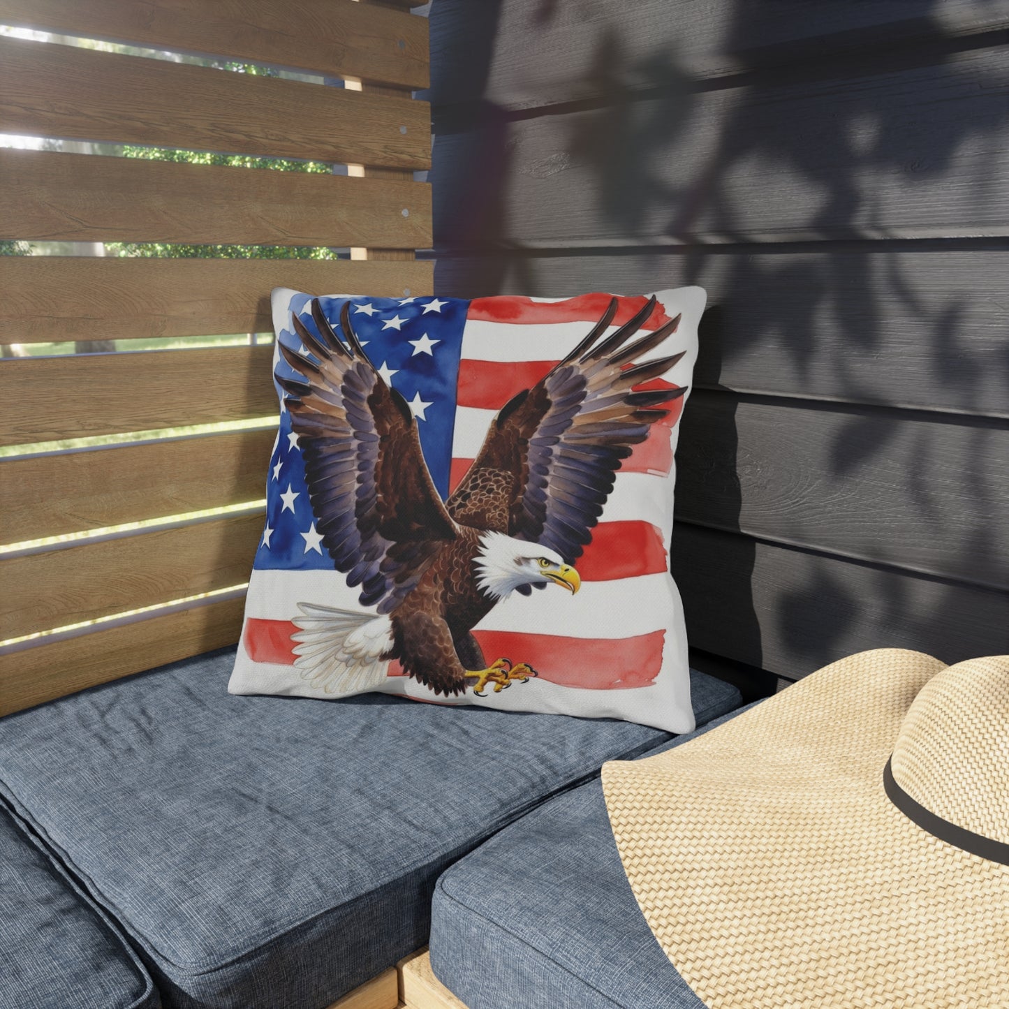 Patriotic American Bald Eagle Outdoor Pillow | USA Flag Throw | 4th of July, Memorial Day, Veterans Day Decor