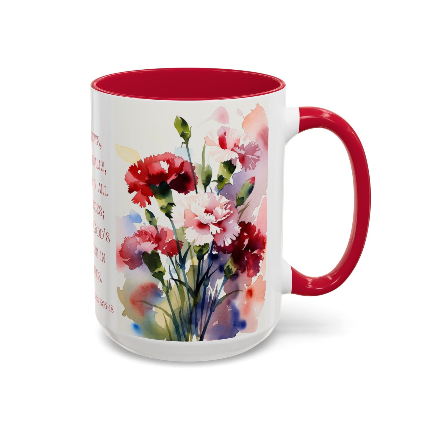 Rejoice Always Bible Verse Mug | Floral Scripture Coffee Cup | January Birth Month Flower